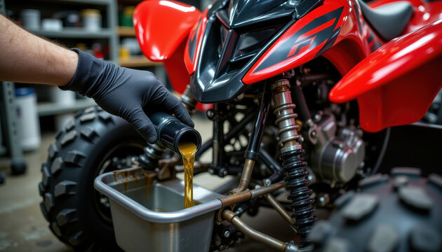 Person pouring oil into red ATV during maintenance in garage with black gloves on hand showing care and precision