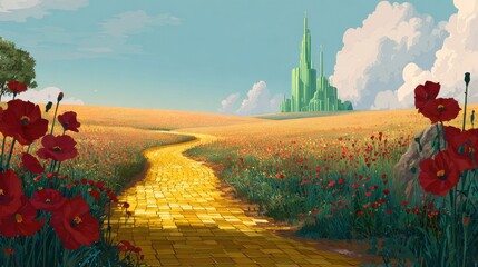Stunning photo of yellow brick road leading through poppy field to green emerald city in the distance. Wizard of Oz concept.