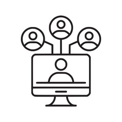 Outline illustration of a desktop computer with three connected user profile icons above it