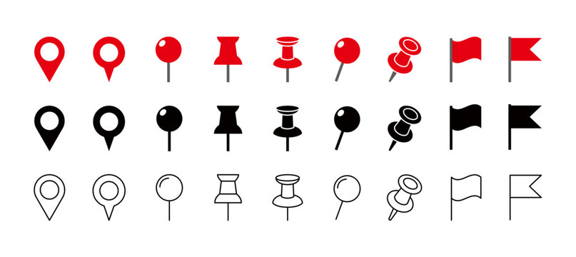 Map pin, location icon, map marker, pushpin, flag, marker, and other icons