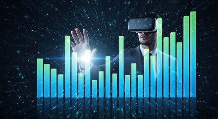 Man in virtual reality headset interacting with holographic financial data graph