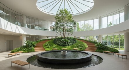 Modern Office Lobby with Indoor Garden and Fountain modern archi