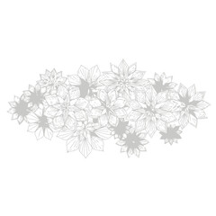 Grey scale line art drawing of a cluster of dahlias.