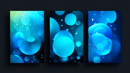 Abstract Blue Bubble Art Triptych Modern Digital Artwork for Interior Decor