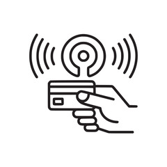 A line drawing of a hand holding a credit card with a contactless payment symbol above the card