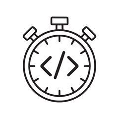 Outline drawing of a stopwatch with code symbol inside the clock face on a white background