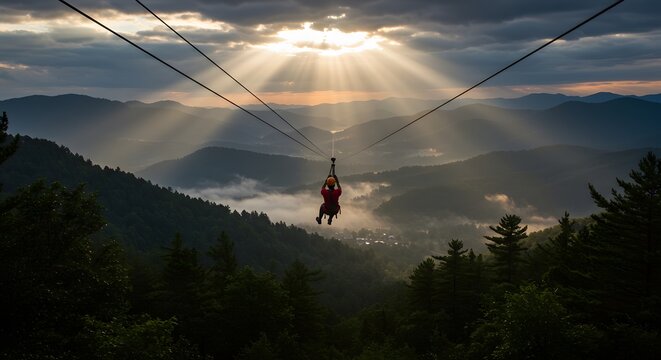 Sunrise Ziplining Adventure Over Misty Mountains
