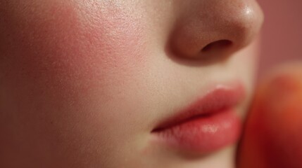 Naklejka premium Close-up of a woman's face with peach-colored blush and lips