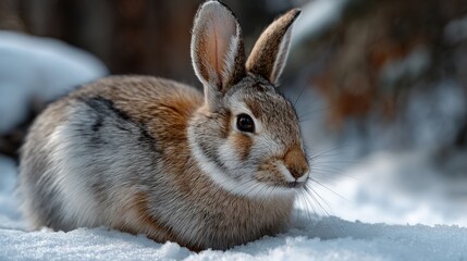 Naklejka premium A close-up of a wild rabbit nestled in the snow, showcasing its intricate fur patterns and alert expression.