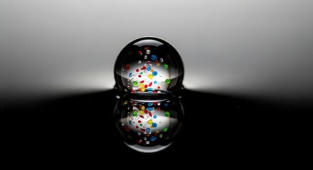 A water drop reflecting colorful confetti, creating an abstract and artistic composition