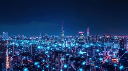 High-resolution futuristic skyline at night with neon