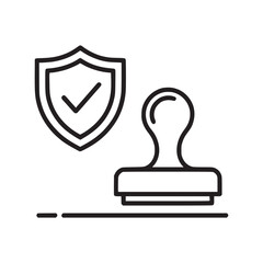 Obraz premium A stamp and a shield with a check mark in black outline on a white background in a simple illustration