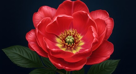 Vibrant Red Peony Bloom Against Dark Background
