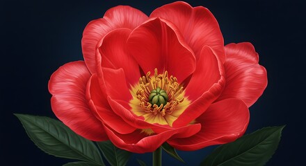 Naklejka premium Vibrant Red Peony Bloom Against Dark Background