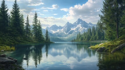 A serene landscape featuring a calm lake, surrounded by lush evergreen trees and majestic mountains under a partly cloudy sky.