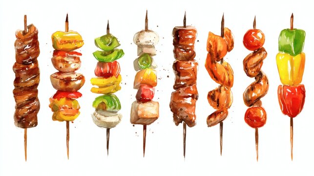 A colorful array of grilled skewers featuring various meats and vegetables, showcasing a vibrant and appetizing presentation