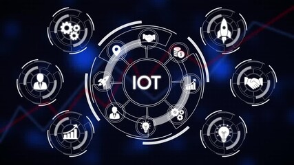 Circular infographic with IOT text at its core, featuring surrounding icons for business and technology concepts - Powered by Adobe