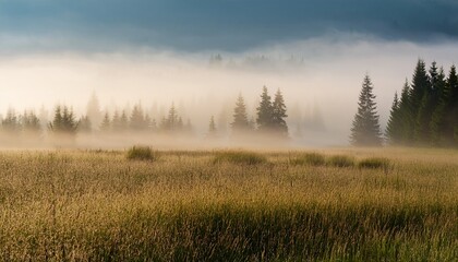a misty field with tall grass and a line of pine trees in the distance under a hazy sky