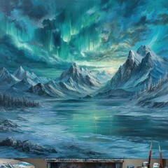 A serene, teal-toned landscape painting depicts a snow-capped mountain range reflected in a still, icy lake under a vibrant aurora borealis.  Brushes and paints rest on an easel in the foreground