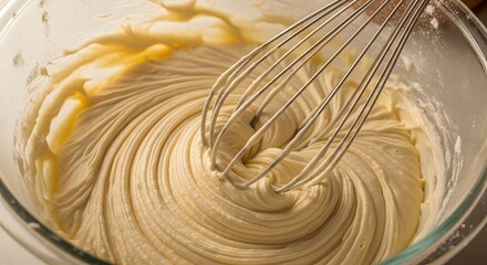 Closeup of a wire whisk mixing creamy batter in a glass bowl, creating smooth swirls and textures during food preparation