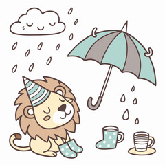 Raindrop Calm colored Lion with a Relaxed touch, placed in a Rainy day theme and styled with wearing a party hat