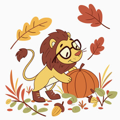 SVG art: A Relaxed Lion in a Autumn vibe with wearing glasses, tinted with Autumn Leaves tones