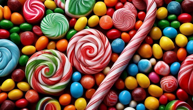 colorful assortment of candies including festive candy cane swe