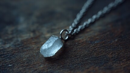 Raw crystal necklace on wooden surface
