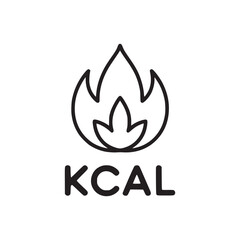 Illustration of a black outline of a flame above the word kcal on a white background in a square format
