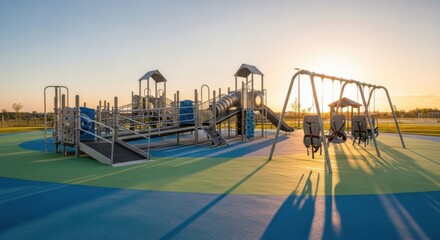 Fototapeta premium Playground in a park with swings and slides during sunset, a recreational area