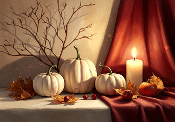 Watercolor painting of autumn still life with pumpkins, candles, dry branches and leaves. Cozy seasonal Halloween home decor.