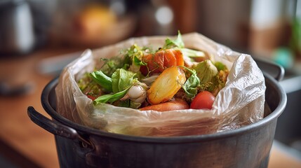 Indoor kitchen compost bucket with biodegradable bag filled with vegetable scraps, tomato and lettuce.