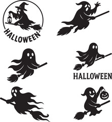 Cute Halloween Ghosts and Witches Flying on Brooms