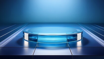 modern product showcase on blue glass podium highlighting reliability