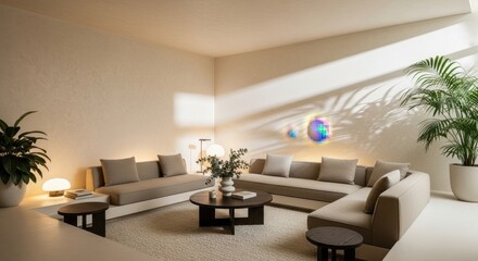 Bright and spacious living room with comfortable sofa and stylish decoration