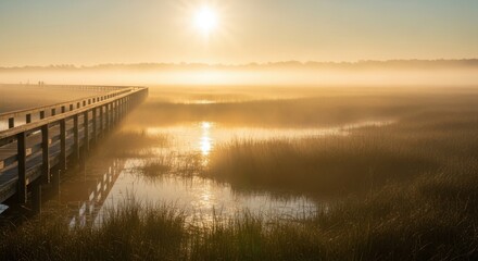 Obraz premium A boardwalk through a marsh at sunrise with fog and golden light