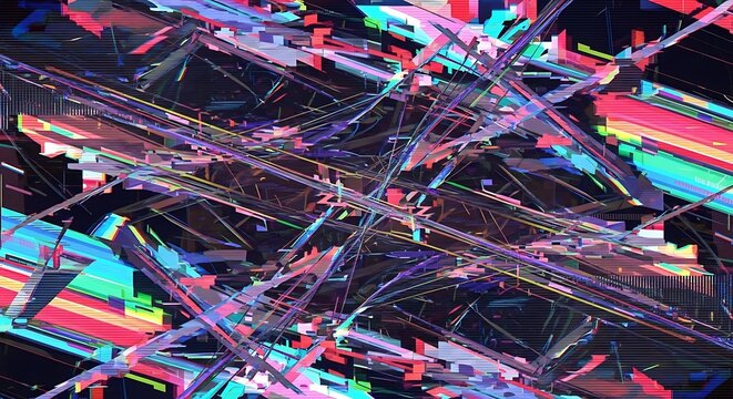 Abstract glitch art with neon colors and geometric patterns