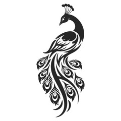 Fototapeta premium Stylized Black Silhouette of a Peacock with Flowing Tail Feathers