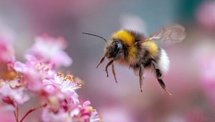 Vibrant bee in flight near pink flowers (1)