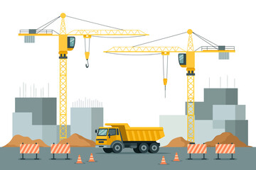 Construction Site Vector Illustration Cranes, Dump Truck and Building Elements at work for construction progress.