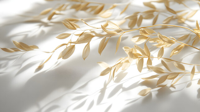 Golden oat ears with delicate texture, elegantly arrnged on a smooth white surace, emphasizing natural bauty.