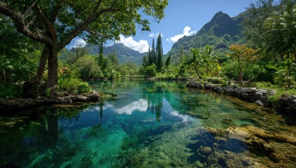 Lush tropical lagoon reflecting mountains