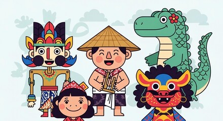 Diverse cultural characters in traditional costumes and masks, a vibrant illustration.