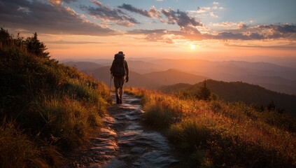A lone hiker with a backpack walks a mountain trail at sunset, overlooking a vast, hazy mountain range bathed in warm, golden light