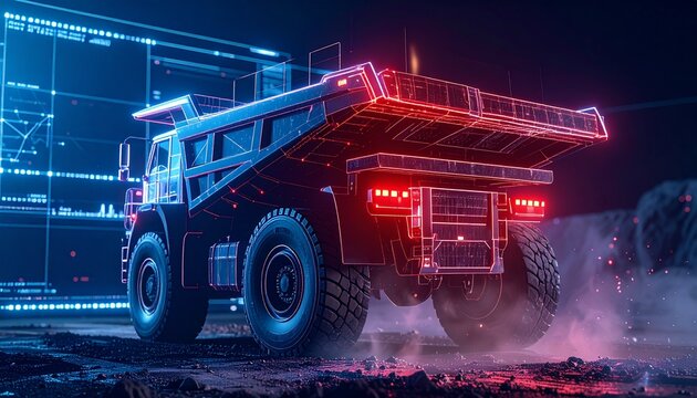 A close-up of the rear of a large mining truck, kicking up dust as it drives, highlighting its massive wheels and glowing red tail lights. The background features a transparent digital user interface 