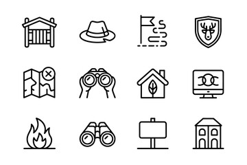Collection of Line Art Vector Icons Representing Hunting, Camping, and Wilderness Exploration