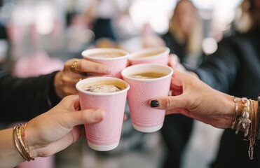 Friends toasting with pink coffee cups in a cafe