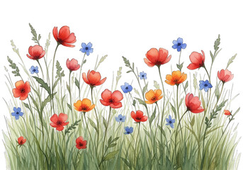 Obraz premium Watercolor Red Poppies and Blue Flowers Meadow on Transparent Background Design