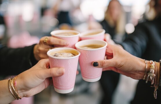 Friends toasting with pink coffee cups in a cafe