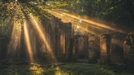 Sunlight streams through trees, illuminating the ruins of an ancient structure, creating a mystical and serene atmosphere in the forest.